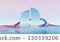 3d render, surreal abstract scene with mirrored arch shapes and ring 130339206