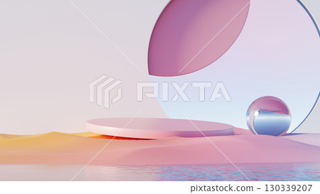 3d render, abstract pastel scene with circular platform and glass sphere 130339207