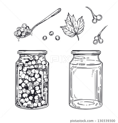 A set of vector illustrations on the theme of blanks, preservation of viburnum berry jam, an empty jar, a teaspoon with jam. Everything is hand-drawn with ink, for printing on paper, packaging. A set of vector illustrations on the theme of blanks, preservation of viburnum berry jam, an empty jar, a teaspoon with jam. Everything is hand-drawn with ink, for printing on paper, packaging. 130339300