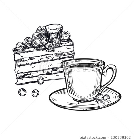 Vector composition of a cup of tea and a piece of cake with berries. Everything is hand-drawn with ink, the illustration is suitable for printing on fabric, paper, product packaging, decoration. 130339302