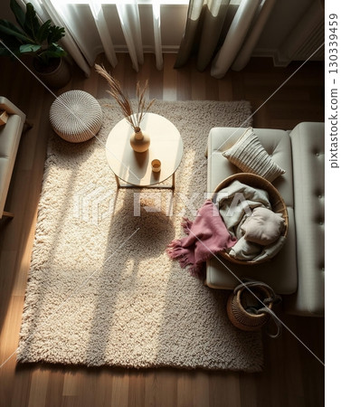 Cozy Neutral Living Room with Warm Sunlight Cozy Neutral Living Room with Warm Sunlight 130339459