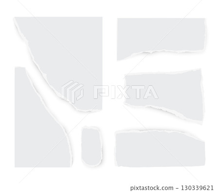 Torn white paper sheets set with ripped edges on transparent background. Scrapbook edge, notebook tear, blank page split vector collection. Damaged letter, document mockup, newspaper cutout Torn white paper sheets set with ripped edges on transparent background. Scrapbook edge, notebook tear, blank page split vector collection. Damaged letter, document mockup, newspaper cutout 130339621