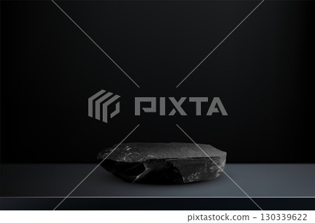Stone podium background. Rock stand product display. Natural black marble pedestal on black wall for product placement. Modern minimal cosmetic design. Fashion beauty realistic vector illustration 130339622