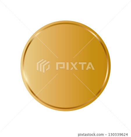 Gold round medal. Golden coin. First place award frame isolated on transparent background. Winners trophy. Blank shiny badge, label. Realistic vector illustration 130339624