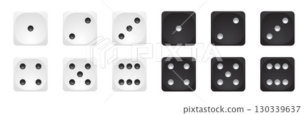 White and black 3d dice icon vector set. Six faces of game die from one to six on white background. Front cube sides with dots 1,2,3,4,5,6. Realistic gambling objects to play in casino, backgammon 130339637