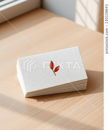 A stack of white business cards with a red leaf logo, on a wooden table with shadows. 130339643