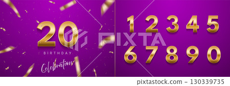 Birthday anniversary golden numbers set template with number 20. Celebration birthday vector background. Gold numbers on purple backdrop with confetti for party invitation, greeting card, poster Birthday anniversary golden numbers set template with number 20. Celebration birthday vector background. Gold numbers on purple backdrop with confetti for party invitation, greeting card, poster 130339735