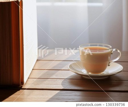 Quiet Moment: Warm Beverage, Book, and Sunlight's Embrace 130339736