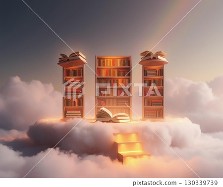 Floating Library Amongst Dreamy, Pastel Clouds Above Floating Library Amongst Dreamy, Pastel Clouds Above 130339739