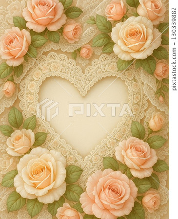Romantic heart frame surrounded by roses and lace 130339882
