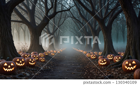 Glowing jack-o'-lanterns line a dark foggy forest path, creating a spooky Halloween scene with eerie atmosphere and twisted trees. Glowing jack-o'-lanterns line a dark foggy forest path, creating a spooky Halloween scene with eerie atmosphere and twisted trees. 130340109