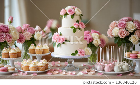 Elegant white wedding cake with pink roses surrounded by cupcakes, cake pops, macarons and flower bouquets on decorated dessert table. Elegant white wedding cake with pink roses surrounded by cupcakes, cake pops, macarons and flower bouquets on decorated dessert table. 130340126