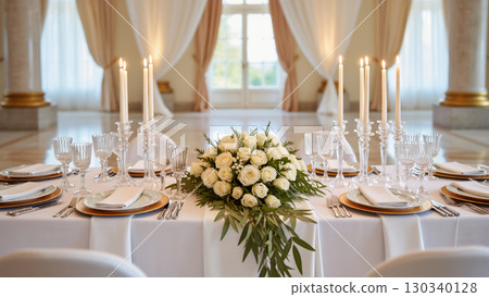 Luxury wedding table setting with white roses, candles, elegant tableware and crystal glasses in bright classical interior. 130340128