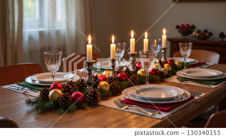 Elegant Christmas dinner table with candles, pinecones, and festive ornaments set for a cozy holiday celebration. Warm seasonal atmosphere. 130340155