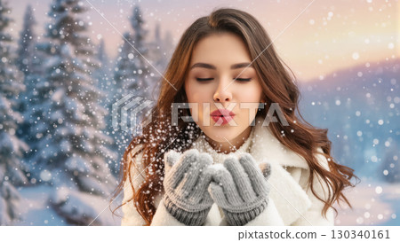 Christmas winter portrait of young woman blowing snow in snowy forest landscape. Festive, magical outdoor moment in soft evening light. 130340161