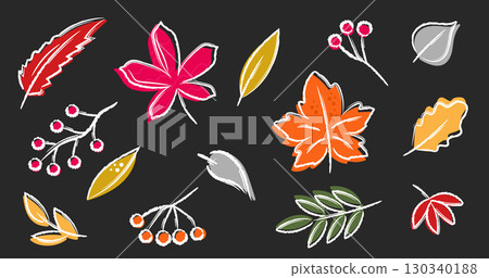 Autumn hand drawn colorful chalked leaves and berries in doodle brush style on dark grey background. Trendy modern design elements. Autumn hand drawn colorful chalked leaves and berries in doodle brush style on dark grey background. Trendy modern design elements. 130340188