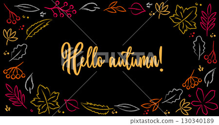Autumn season banner with hand drawn colorful crayon leaves on black background. 130340189