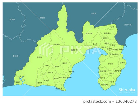 靜岡縣的地圖，美麗的海景。來自日本東海地區的地圖。 （城市、町村名） 130340278