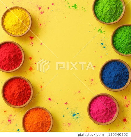 Vibrant Powder Dyes for Summer Celebration Colorful Display on Bright Surface Flat Lay Composition Joyful Theme 130340302