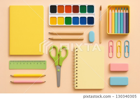 Creative Flat Lay of Colorful School Supplies on a Pastel Desk for Art Projects and Study Sessions 130340305