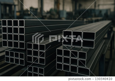 Industrial Manufacturing of Hollow Metal Square Tubes in Workshop Perspective View Steel Supply Chain Concept 130340410