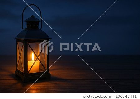 Illuminating Lantern by Dusk Rustic Setting Closeup Photography Warm Environment Serene Viewpoint 130340481