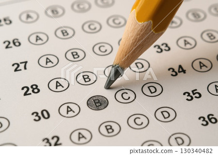 Standardized Test Pencil Marking Answers Classroom Closeup Image Bright Environment Focused View Academic Preparation 130340482