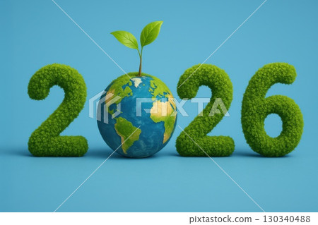 Sustainable New Year 2026 Celebration with Green Moss Numbers and Globe Eco-Friendly Theme Clean Blue Background 130340488