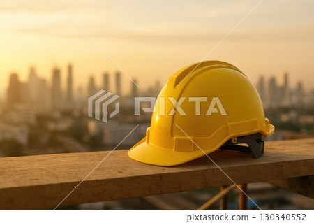 Yellow Construction Helmet on Wooden Plank at Urban Job Site Early Morning Light with City Skyline Background 130340552