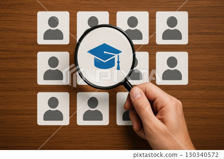 Candidate Search Using Magnifying Glass Over Profile Pictures Wooden Desk Educational Background Analysis HR Recruitment 130340572