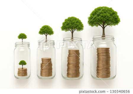 Growing Trees in Glass Jars Sustainable Investment Growth Concept Minimal Flat Lay Design White Background 130340656