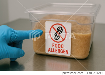 Gloved Finger Pointing at Allergen Warning Container Laboratory Setting Closeup Compliance Health Awareness Gloved Finger Pointing at Allergen Warning Container Laboratory Setting Closeup Compliance Health Awareness 130340699