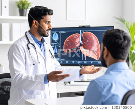 Professional doctor discussing lung anatomy with patient in clinic, health consultation. High quality photo 130340800