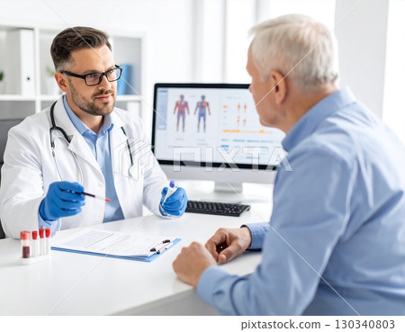 Professional doctor in white coat consulting senior patient in medical office with digital health report on screen. High quality photo 130340803