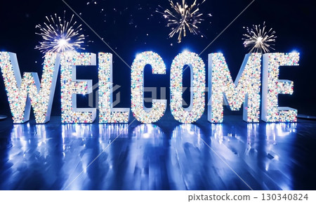 Welcome sign with fireworks celebrating a grand opening 130340824
