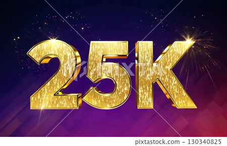 25k golden shiny number celebrating anniversary with fireworks on purple background 130340825