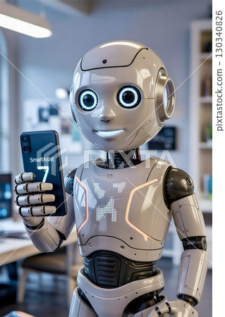 Robot holding a smartphone in an office setting. The robot is primarily white with orange accents, featuring a screen displaying animated eyes. 130340826