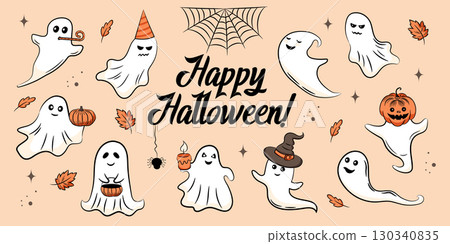 Happy Halloween banner. Cute funny ghost at Halloween party surrounded by autumn leaves. Hand drawn characters vector illustration. 130340835