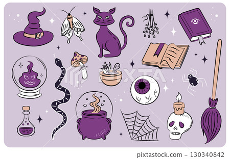 Witch magic icons set attributes broom, glass ball, cauldron, snake, hat, potion, cat. Halloween illustrations. Set of design elements in purple colors. Witch magic icons set attributes broom, glass ball, cauldron, snake, hat, potion, cat. Halloween illustrations. Set of design elements in purple colors. 130340842