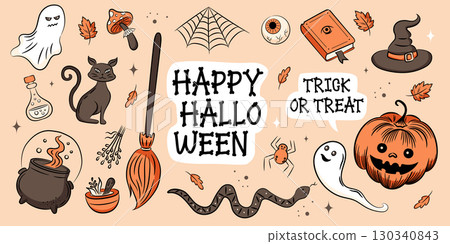 Happy Halloween banner template. Witch magic icons set - broom, cauldron, snake, hat, potion, cat. Jack O Lantern and ghosts. 130340843