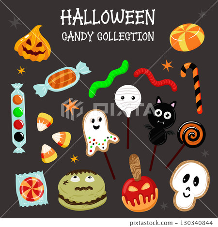 Halloween sweet treat candy set. Cake, lollipop, marmalade, cookie in the shape of scary characters. Cute ghost, scull, pumpkin, bat, etc. 130340844