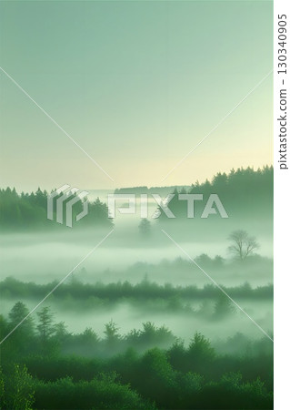 Coniferous trees rise through dense fog, creating a serene forest scene. 130340905
