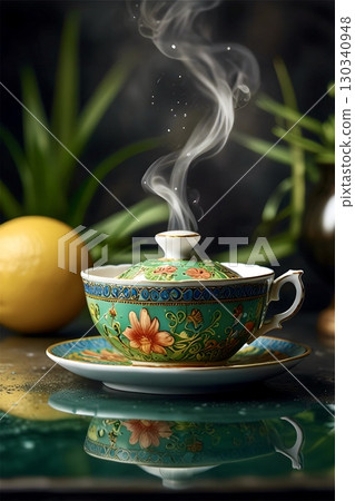 A beautifully detailed teacup with vivid floral patterns sits on a matching saucer, releasing steam that gently swirls upward A beautifully detailed teacup with vivid floral patterns sits on a matching saucer, releasing steam that gently swirls upward 130340948