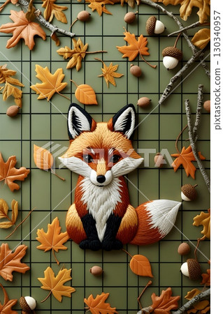 A detailed embroidered depiction of a fox (Vulpes vulpes) is situated at the center, surrounded by autumn-themed elements on a gridded green background. 130340957
