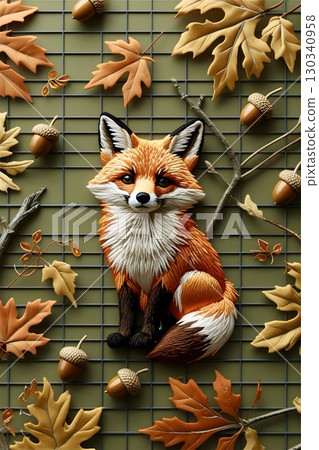 A detailed embroidered depiction of a fox (Vulpes vulpes) is situated at the center, surrounded by autumn-themed elements on a gridded green background. 130340958