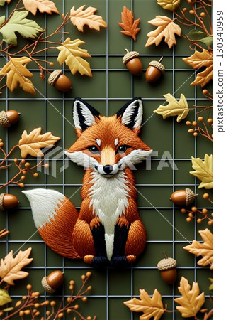 A detailed embroidered depiction of a fox (Vulpes vulpes) is situated at the center, surrounded by autumn-themed elements on a gridded green background. 130340959