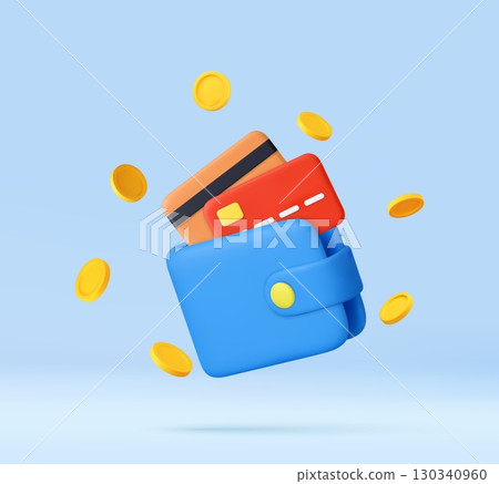 3D Wallet with Credit Cards and Flying Coins 3D Wallet with Credit Cards and Flying Coins 130340960