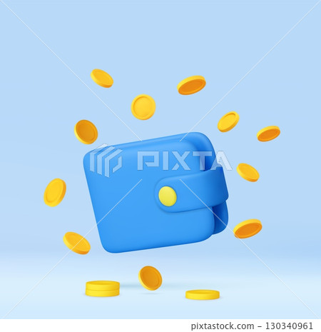 3D Wallet Surrounded by Flying Coins 130340961