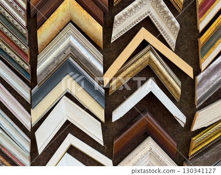 Colorful frame samples for paintings and photographs. Artistic design, decoration, and creative choices for interior styling. 130341127