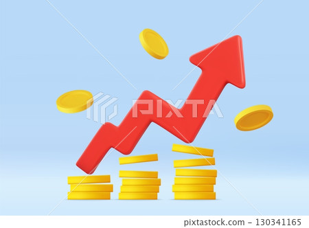 3d Increasing Profits with Coins and Rising red Arrow 3d Increasing Profits with Coins and Rising red Arrow 130341165